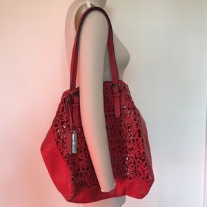 Christian Lacroix red laser-cut leather tote